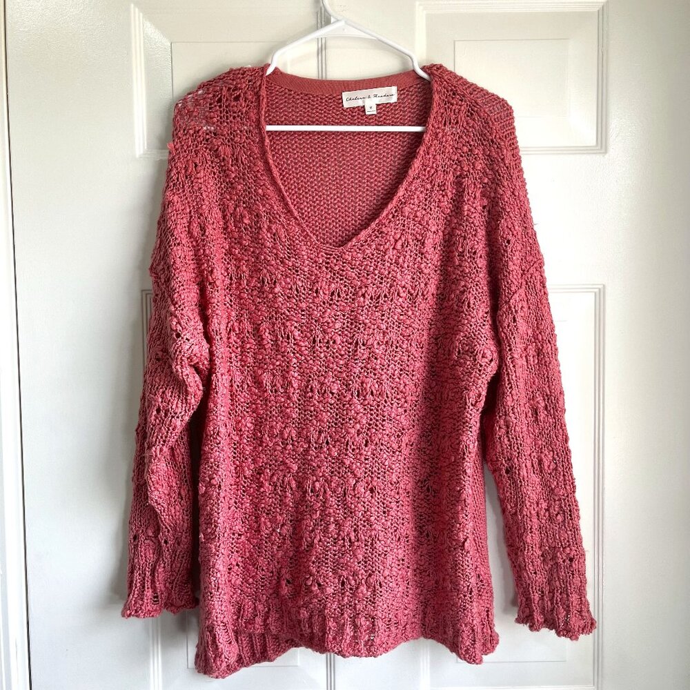Chelsea & Theodora Dusty Pink Loose Popcorn Knit V-Neck Pull Over Sweater Size M